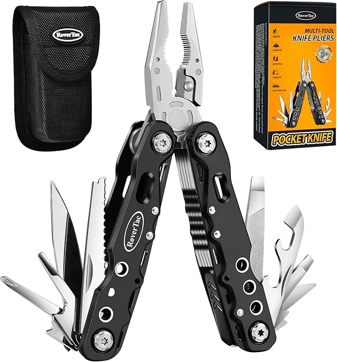 RoverTac Multitool Pliers Pocket Knife, 14 in 1 Multi Tool Knife Pliers Saw Bottle Opener Safety Lock Nylon Sheath, Camping Hiking Gear Multitool for Camping Survival Hiking DIY, Gifts for Men Dad
