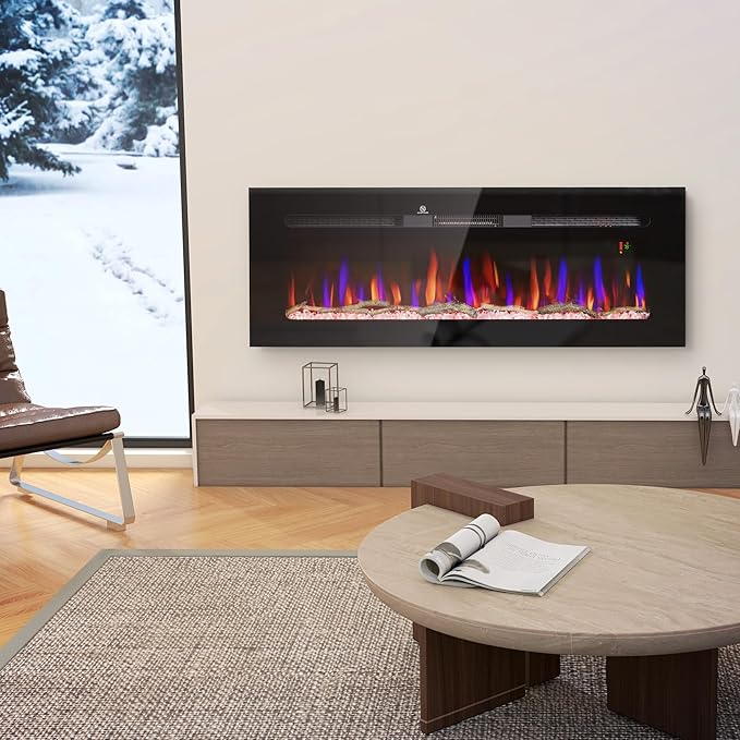 HOMCOM 50" Electric Fireplace Recessed and Wall Mounted with Remote Control, 1500W Fireplace Heater with 8H Timer, Adjustable Flame Color and Brightness, Log and Crystal