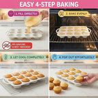 2-Pack Silicone Muffin Pan Set – Regular 12 Cup & Mini 24-Cup Silicone Muffin Pans for Baking – Nonstick Silicone Cupcake Pan with Metal-Reinforced Handles – BPA-Free, Dishwasher-Safe, Cream