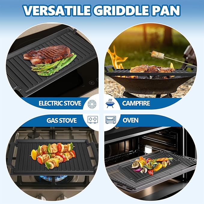 SafBbcue Cast Iron Pot, Griddle Pan Hot Plate Ridged Surface, Pre-Seasoned, Grill for Stovetop, Oven, Grill & Campfire, Suitable for Outdoor Cooking Kitchen and Patio Backyard, 17 x 11in