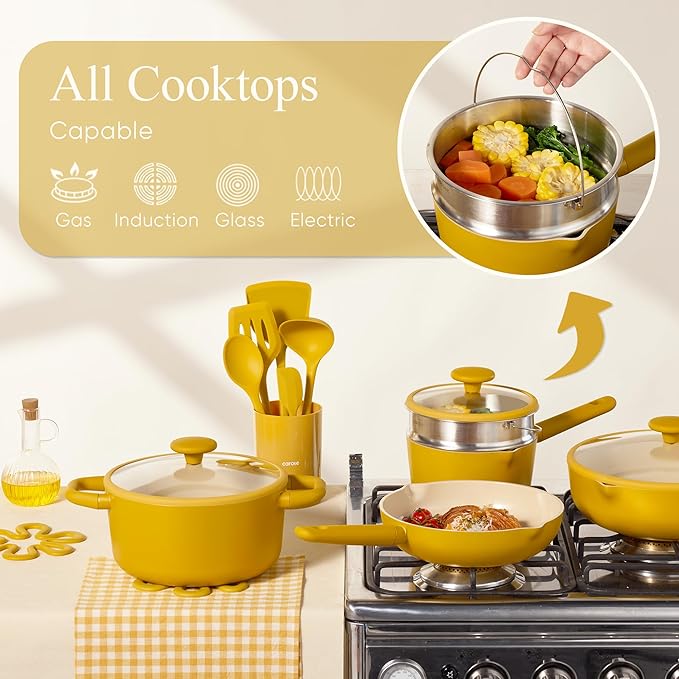 CAROTE 21pcs Cookware Set Nonstick Pots and Pans Set, Ceramic Cookware Set Induction Cookware, Non toxic Healthy Non Stick Kitchen Cooking Set, PFAS PTFE Free