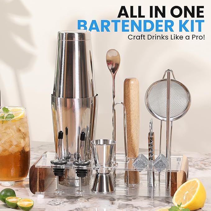Mixology Bartender Kit with Stand - 15 Piece Bar Tool Set, Silver Bar Set Cocktail Shaker Set for Drink Mixing - Includes Martini Shaker, Jigger, Strainer, Bar Mixer Spoon, Tongs, Opener | Gift Idea