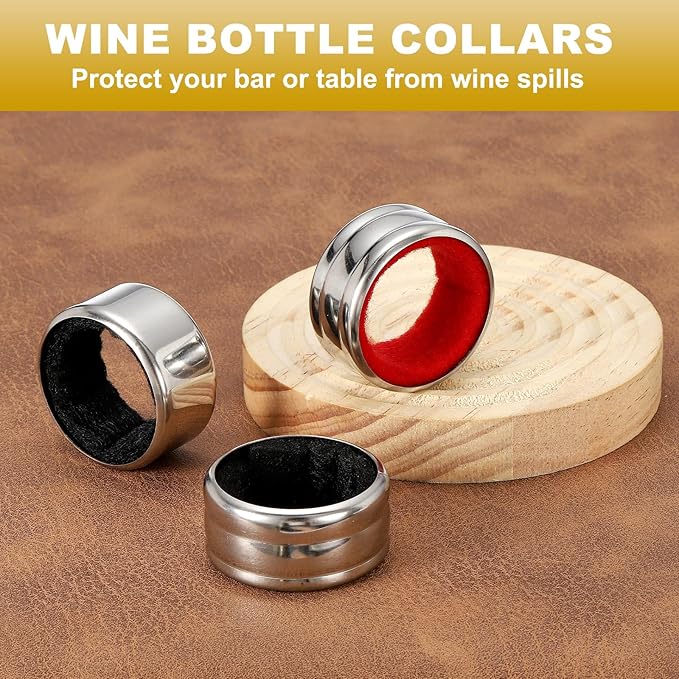 PATIKIL 8 Pcs Wine Bottle Collars, Stainless Steel & Velvet Felt Bottle Drip Ring Anti-overflow Wine Drip Catcher Accessories for Kitchen Bar Party Beverage, Black/Red (Ordinary&Flannel)