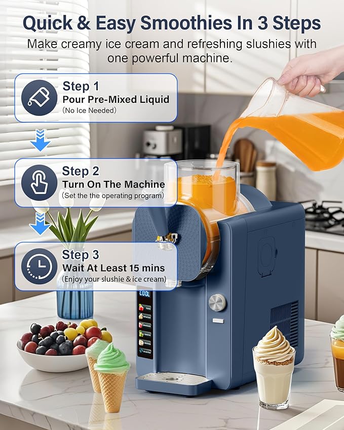 2-in-1 Slush and Ice Cream Maker - 6 Modes for Smoothies, Milkshakes, Cocktails, Margaritas, and Ice Cream, Double-Layer Tank, Ice Cream Cone Holder, Self-Cleaning - Perfect for Home Use