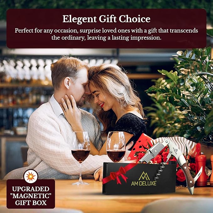 Waiters Corkscrew Wine Opener - Double-Hinged Fulcrum 3-In-1 Cork Screw Wine Bottle Opener Heavy Duty Stainless Steel & Classic Rosewood. Serrated Foil Cutter. Beer Opener. Magnetic Gift Box