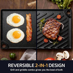 EWFEN Reversible Grill/Griddle, 16.7x9.5'' Pre-Seasoned Cast Iron Griddle Pan, Double Burner Cookware, Rectangular Non-Stick Stovetop Griddle with Handles, Flat Top Plate for Oven, Grill & Campfire