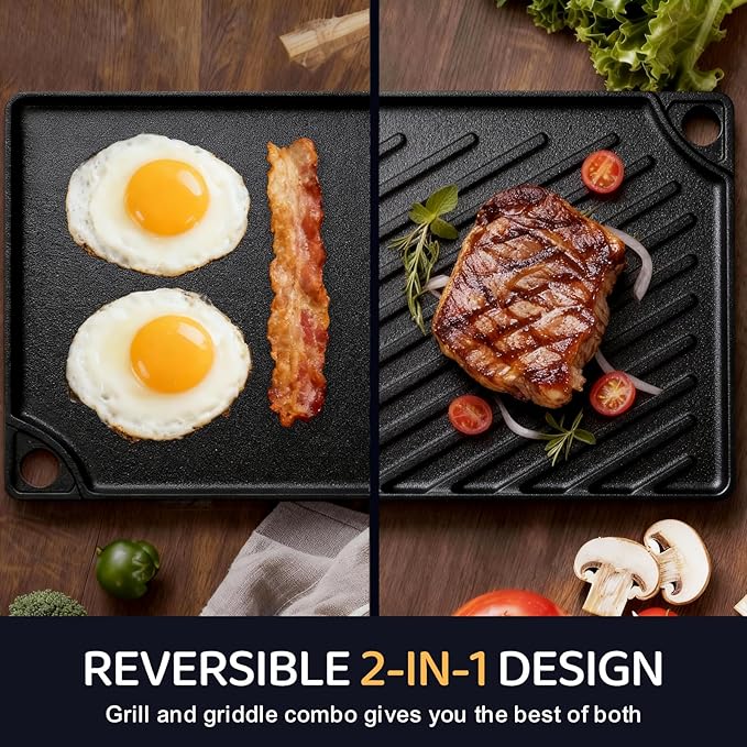 EWFEN Reversible Grill/Griddle, 16.7x9.5'' Pre-Seasoned Cast Iron Griddle Pan, Double Burner Cookware, Rectangular Non-Stick Stovetop Griddle with Handles, Flat Top Plate for Oven, Grill & Campfire