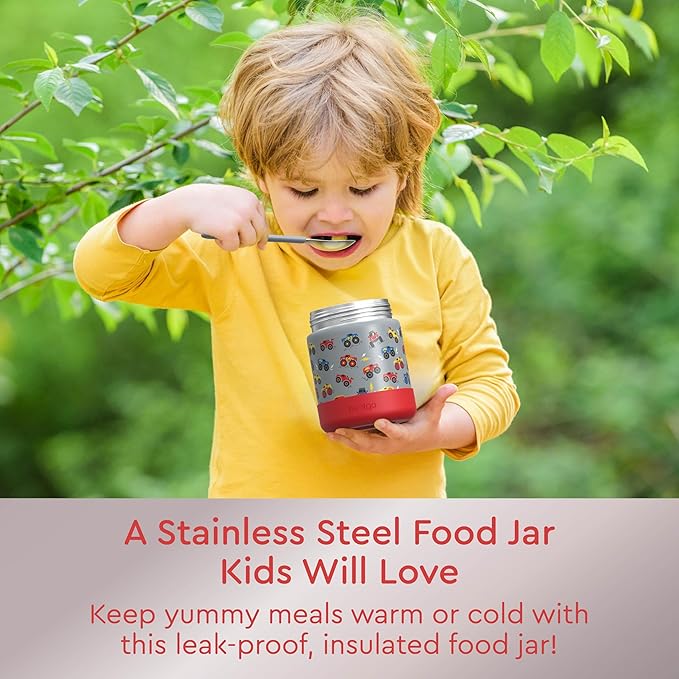 Bentgo Kids Stainless Steel Food Jar - 11oz Leak-Proof Double Insulated Hot or Cold Food Container with Removable Silicone Bumper, Dishwasher Safe, Easy Open Lid, Ages 3+ (Trucks)