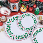 KIRE 150PCS Christmas Plates Disposable - Christmas Plates Dinnerware - White Plastic Plates With Berry And Leaves Design, Red Plastic Silverware And Cups With Red Rim For Christmas Party Supplies