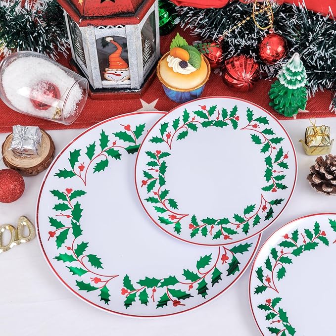 KIRE 150PCS Christmas Plates Disposable - Christmas Plates Dinnerware - White Plastic Plates With Berry And Leaves Design, Red Plastic Silverware And Cups With Red Rim For Christmas Party Supplies