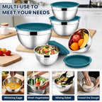 E-far Mixing Bowls With Lids Sets of 5, 10-Piece Stainless Steel Salad Metal Nesting Bowl for Baking Cooking and Prepping, Airtight Lid & Stackable Design, Size 4.6, 3, 2.1, 1.5, 0.7 QT, Blue
