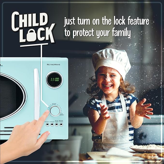 Nostalgia Retro Countertop Microwave Oven, 0.9 Cu. Ft. 800-Watts with LED Digital Display, Child Lock, Easy Clean Interior, Cu.Ft, Aqua
