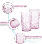 Drinking Highball Glasses Set of 4, Vintage Cross Hatch Glass Cups, 15.5oz Tall Drinking Water Glasses, Dishwasher Safe Pink Glass Tumbler Glassware for Water, Juice, Cocktail, Coffee, Whiskey