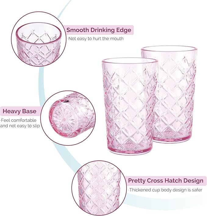 Drinking Highball Glasses Set of 4, Vintage Cross Hatch Glass Cups, 15.5oz Tall Drinking Water Glasses, Dishwasher Safe Pink Glass Tumbler Glassware for Water, Juice, Cocktail, Coffee, Whiskey