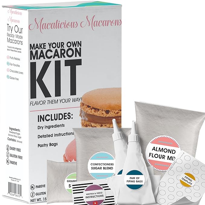 W4W Macalicious Macaron Baking Mix, DIY Bake Your Own French Macarons Kit, Includes All Dry Ingredients, Pastry Bags with Piping Tip, Template & Detailed Instructions, Great activity for Kids & Adults