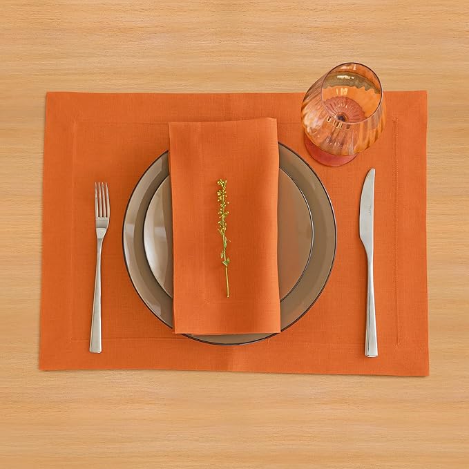 Solino Home Linen Napkins Set of 4-100% Pure Linen Persimmon Orange Dinner Napkins Cloth 20 x 20 Inch for New Year - Fete, Handcrafted and Machine Washable