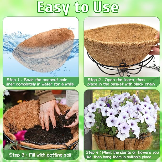 ZeeDix 2 Pack 14 Inch Metal Outdoor Hanging Baskets & Planters for Plants - Heavy Duty Round Garden Planters with Coconut Liners for Flowers, Vegetables