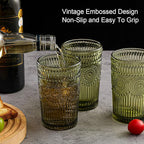 ZMOWIPDL Vintage Glassware Drinking Glasses Set of 6,13 oz Green Textured Flower Design Glass Water Tumblers，Embossed Striped Drinkware for Water,Cocktails,Juice,Iced Coffee