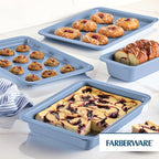 Farberware Easy Solutions Nonstick Baking Set, Includes Cookie Pans, Loaf Pan, and Cake Pan with Portion Marks, 4 Piece, Non Stick Bakeware Set - Blue
