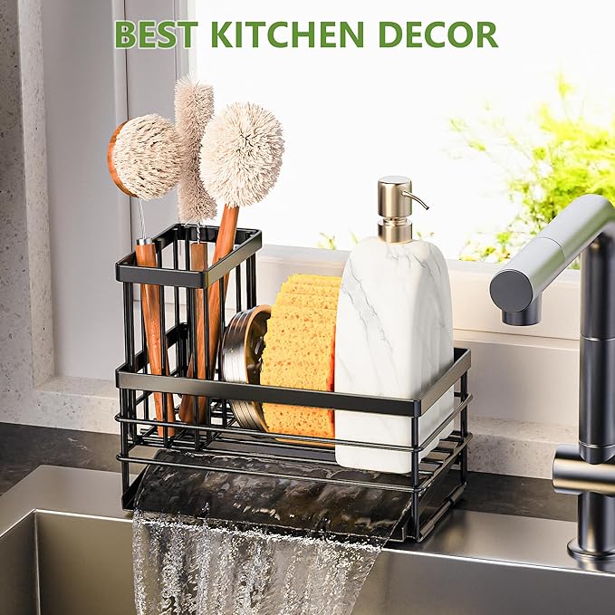 Cisily Sink Caddy Sponge Holder for Kitchen with Brush Holder and Stainless Steel Self Drain Tray, Rustproof Kitchen Sink Organizer for Sponge, Soap Dispenser Storage Accessories (Black)