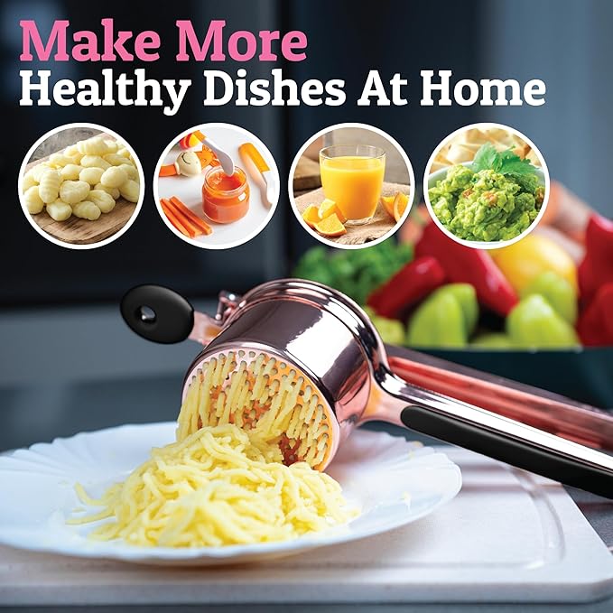 PriorityChef Large 15oz Potato Ricer, Heavy Duty Stainless Steel Potato Masher and Ricer Kitchen Tool, Press and Mash Kitchen Gadget For Perfect Mashed Potatoes - Everytime, Rose Gold and Black