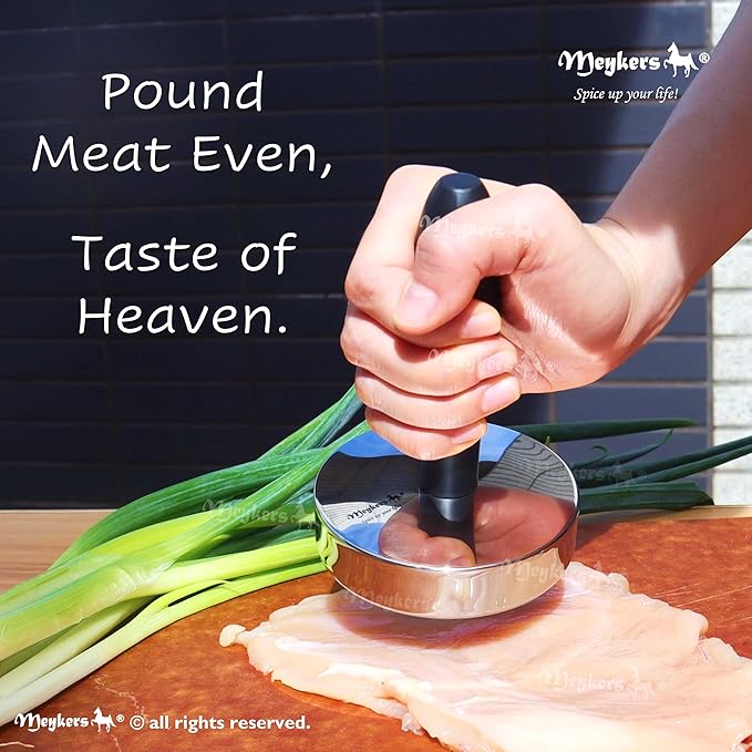Meykers Meat Pounder Tenderizer | Smash Burger Press | 1.85 lb Heavy Duty | 304 Stainless Steel | Chicken Flattener Masher Beater Kitchen Tool | Aplanadora de Carnes y Pollo | Dishwasher Safe
