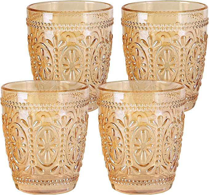 abrwyy Amber Glassware set of 4 Vintage Drinking Glasses, 9.5oz Amber Heavy Duty Glass Cups, Old Fashioned Glass, Set for Party Wedding Home Office Glassware Gift
