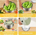 Stainless Steel Salad Spinner Large with 5 Blades Slicer, Lettuce Washer Spinner and Dryer, Vegetable Fruits Chopper Bowl, Egg Yolk Strainer Comes with Dipping Saucers and Clip, 5.3Qt