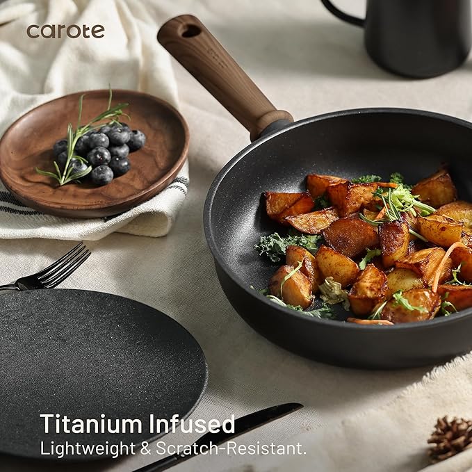 CAROTE 44pcs Nonstick Kitchen Titanium Cookware Sets, Nonstick Pots and Pans, Induction Cookware Set Kitchen Cooking Sets, Non Stick w/Frying Pan,Black