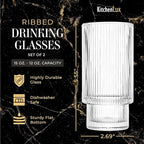 Kitchen Lux Ribbed Drinking Glasses - Ribbed Glass Cups 12 oz - Ribbed Glassware Set of 12 - Textured Vintage Retro Ripple Aesthetic Glass Ware for Whiskey Cocktail Beer Water, Coffee Bar Accessories