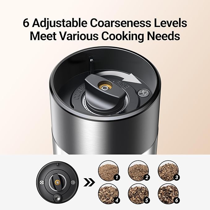 ThermoMaven Electric Salt and Pepper Grinder Set, 110ml Larger Rechargeable Automatic Salt and Pepper Mill Grinder with 6 Adjustable Coarseness, Electric Salt and Pepper Shakers, LED, Navy Blue