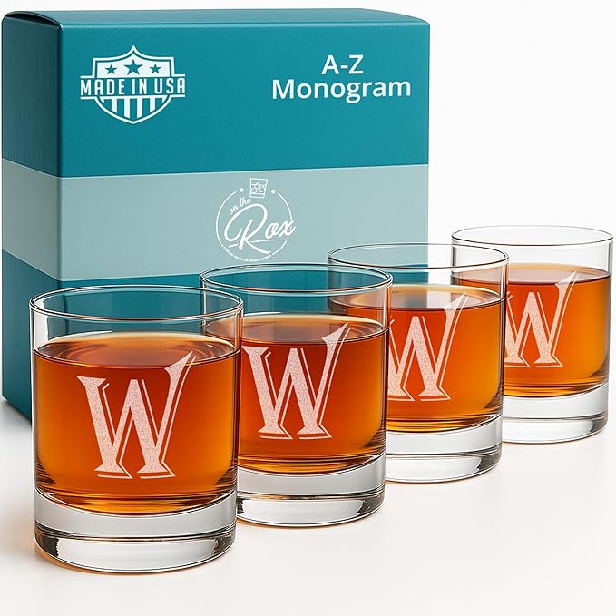On The Rox (W-Monogram)- 4 Piece Set of 11 Ounce Engraved Heavy Base Rocks Glasses- Quality Elegant Glass-Multi-Purpose Beverage-Rocks Glass- For any Occasion