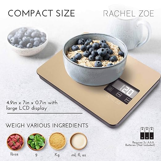 Rachel Zoe Digital Kitchen Food Scale with Non-Slip Base for Home and Kitchen, Measures in Pounds, Grams, Milliliters & Kilograms, Battery Operated Aluminum Electric Scale for Meals, Baking & Diets
