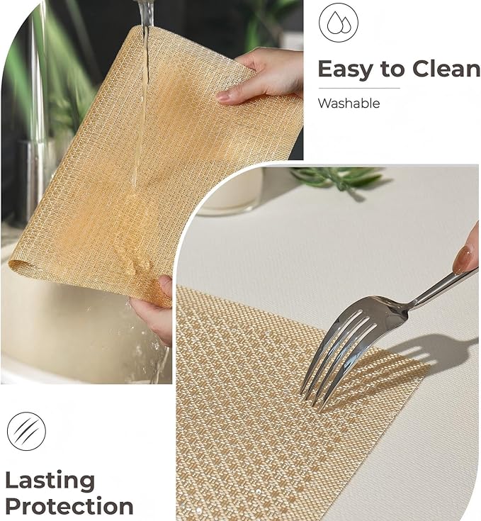 Leetaltree Luxury Gold Sequin Placemats Set of 4 - Waterproof Washable for Wedding, Anniversary, Daily Use - Sparkling Table Decor -Hand-Cut