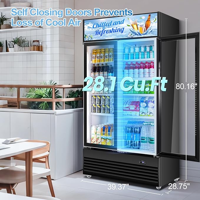 Tylza Commercial Refrigerator, Double Glass Door Display Beverage Fridge, 28.1 Cu Ft Upright Beverage Cooler Merchandiser with Replaceable Advertising Light Board, Rebound Door, Fast Cooling, Black