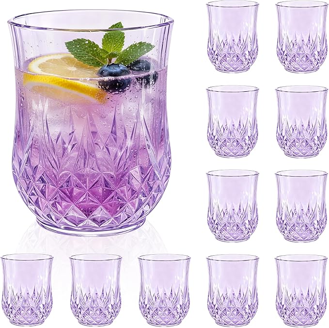 12 Pack Plastic Stemless Wine Glasses,12oz Unbreakable Vintage Elegant Drinking Glass Set,Reusable Fancy Cocktail Cups for Party, Wedding, and Bulk Events (12, 12oz-Purple)