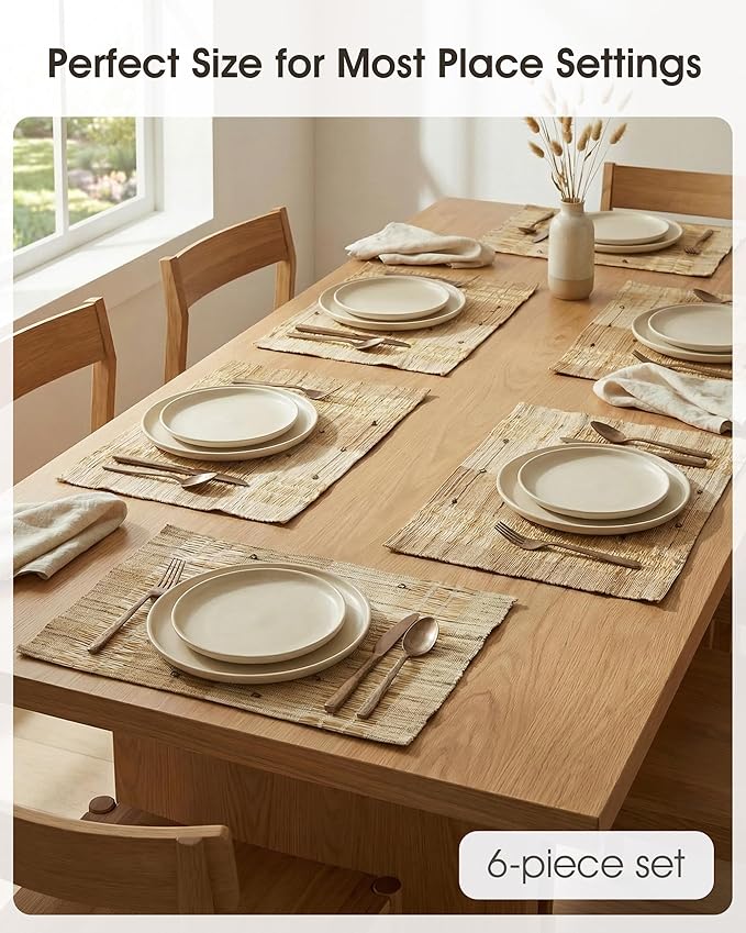 Handmade Ramie Placemats Set of 6, 12"x18" Eco-Friendly Natural Woven Table Mats for Dining Table, Heat-Resistant & Washable Natural Fiber Placemats for Kitchen, Farmhouse, Boho & Home Decor