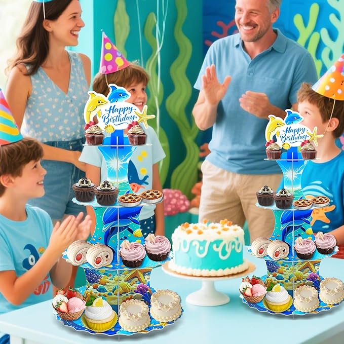 AMZWKT 4-Tier Extra Large Happy Birthday Under The Sea Ocean Cardboard Cupcake Stand Ocean Themed Birthday Party Decorations for Boys Girls First Baby Shower Baby Shark Decoration ﻿ ﻿
