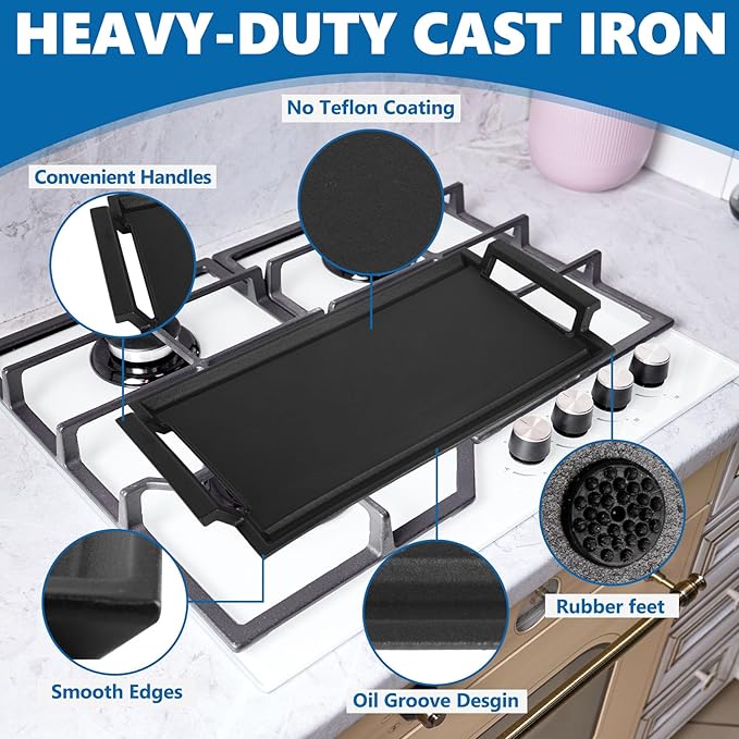 SafBbcue Cast Iron Pot, Griddle Pan Hot Plate, Pre-Seasoned, Grill for Stovetop, Oven, Grill & Campfire, Suitable for Outdoor Cooking Kitchen and Patio Backyard, 17 x 9 Inch