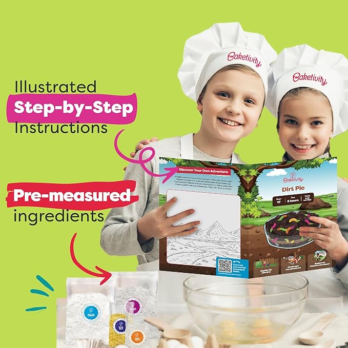 Baketivity Dirt Pie & Cake Pop Baking Kit Bundle – Kids Baking Set with Pre-Measured Kosher Ingredients, Illustrated Instructions & Video Guide – Fun Cooking Activity for Ages 6-12+