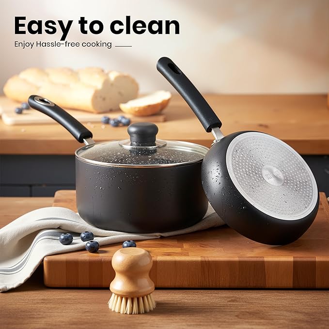 KICHLY 8 Piece Pots and Pans Set, Non Stick Kitchen Cookware Set with 20cm & 28cm Frying Pans and 16cm, 18cm, 20cm Saucepans with Lids, Induction Compatible Pots and Pans Set Non Stick, Black