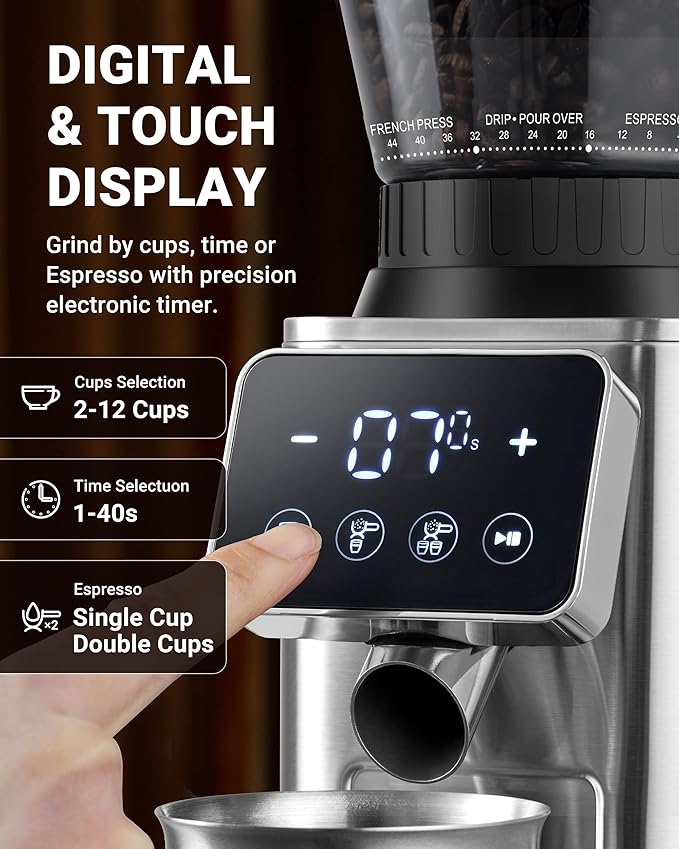 AMZCHEF Coffee Grinder, Coffee Bean Grinder for Home Use with Precise Grinding, LED Control Panel, Detachable Funnel Stand, Anti-static Design, 48 Grind Settings, Silver