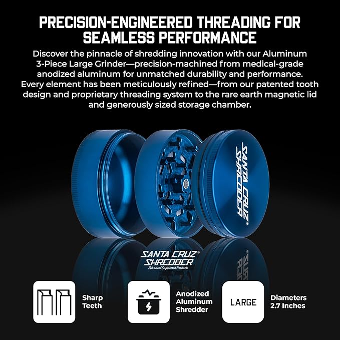Santa Cruz Shredder Metal Herb Grinder Knurled Top for Stronger Grip 3-Piece Large 2.7" (Blue)
