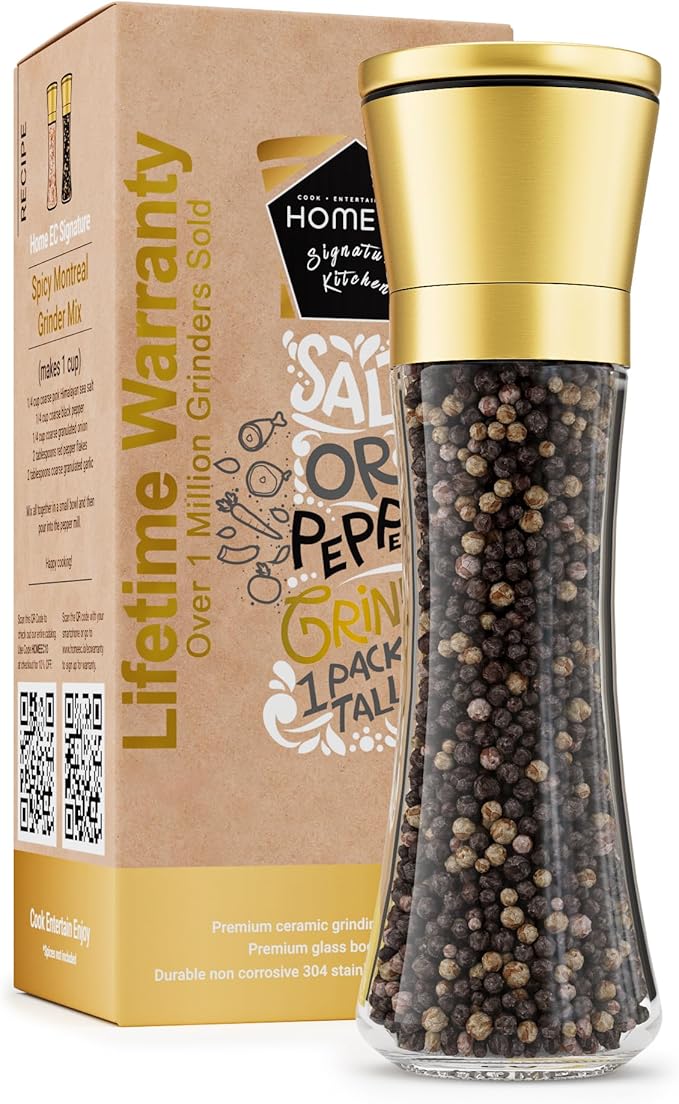 HOME EC Original Stainless Steel Salt or Pepper Grinder 1pk - Adjustable Ceramic Sea Salt Grinder or Pepper Mill - Tall Glass Spice Shaker - Spice Mill w/Ebook (Gold)