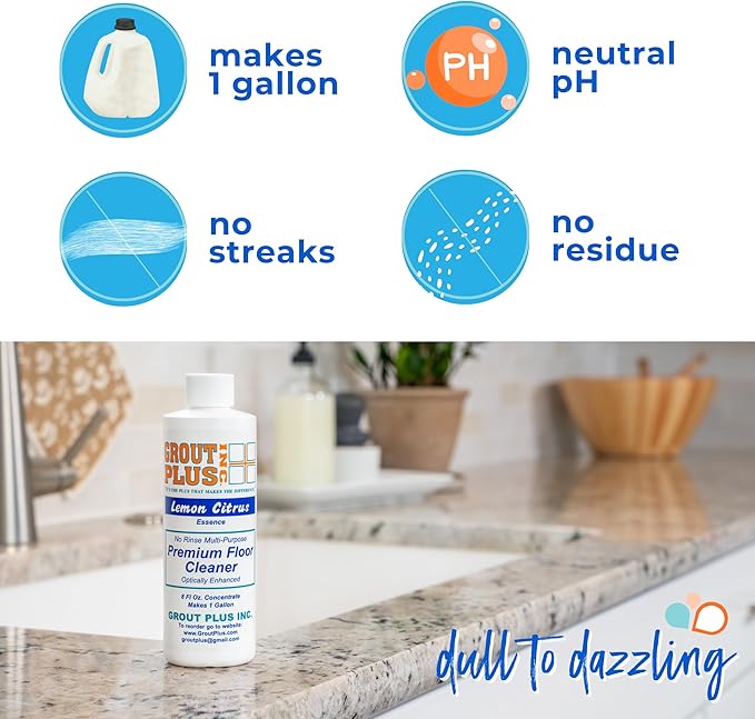 Premium Floor Cleaner, All Purpose Multi Surface Cleaner & Optically Enhanced Brightener, Neutral pH, 3X Strength, No Rinse - Lemon Citrus, 8 Oz for 1 Gal
