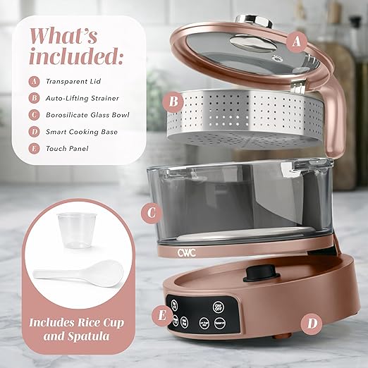 COOK WITH COLOR 3L Glass Mini Low Carb Rice Cooker – Holds 2 Cups Raw/Makes 6 Cups Cooked with Auto Lift Filter Basket, Hotpot & Steamer for Rice, Grains, Digital Panel with Keep Warm, Dusty Rose