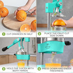 Zulay Kitchen Cast Iron Juicer - Easy-to-Clean Heavy-Duty Manual Juicer, Professional Citrus Juicer - Stainless Steel Lemon Squeezer - Manual Citrus Press & Orange Squeezer - Orange Juicer – Teal