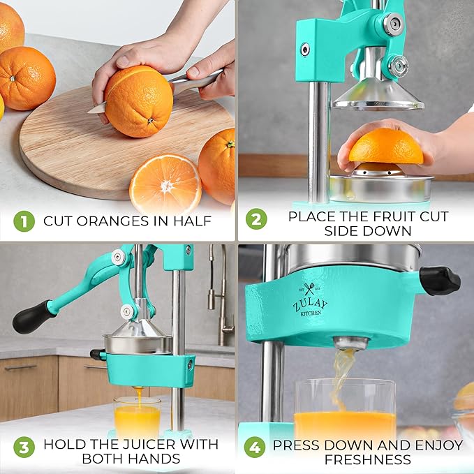 Zulay Kitchen Cast Iron Juicer - Easy-to-Clean Heavy-Duty Manual Juicer, Professional Citrus Juicer - Stainless Steel Lemon Squeezer - Manual Citrus Press & Orange Squeezer - Orange Juicer – Teal