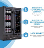 NewAir 24" Dual Zone Wine and Beverage Refrigerator, 18 Bottle & 58 Can, French Door Built-In Fridge with Lock, Black Stainless Steel Cooler, Digital Thermostat, Adjustable Shelves
