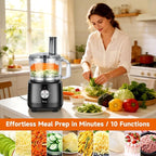 Davivy 7-Cup Food Processor with Built-in Storage Drawer | 600W Motor, 10-Blade Set for French Fries, Wavy Slicing, Dough Kneading | 3-Speed Compact Chopper for Home Kitchen Meal Prep, Black